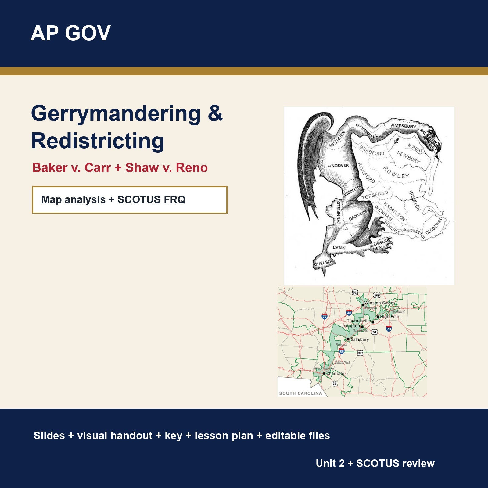 AP Gov Gerrymandering V2.1 cover with district map lab and Supreme Court case focus.