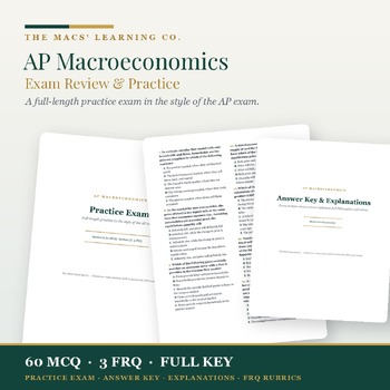 AP Macroeconomics exam review product cover with 60 MCQ, three FRQs, and full answer key.