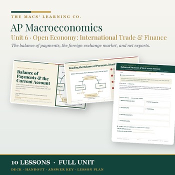 AP Macroeconomics Unit 6 2026-27 Open Economy and International Trade cover with exchange rates, balance of payments, net exports, and answer-key support.
