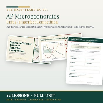 AP Microeconomics Unit 4 Imperfect Competition product cover with 12 lessons.