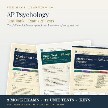 AP Psychology assessment pack public cover with mock exams, A/B unit tests, and answer keys.