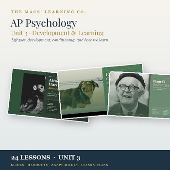 AP Psychology Unit 3 Development and Learning product cover with slides, notes, keys, and FRQ support.