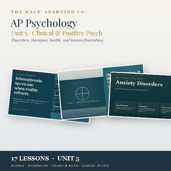 AP Psychology Unit 5 Clinical Psychology and Disorders product cover with slides, notes, and keys.