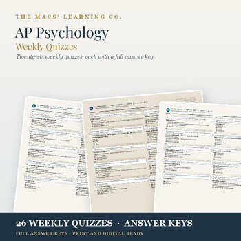AP Psychology weekly quizzes product cover with 26 quizzes and answer keys.