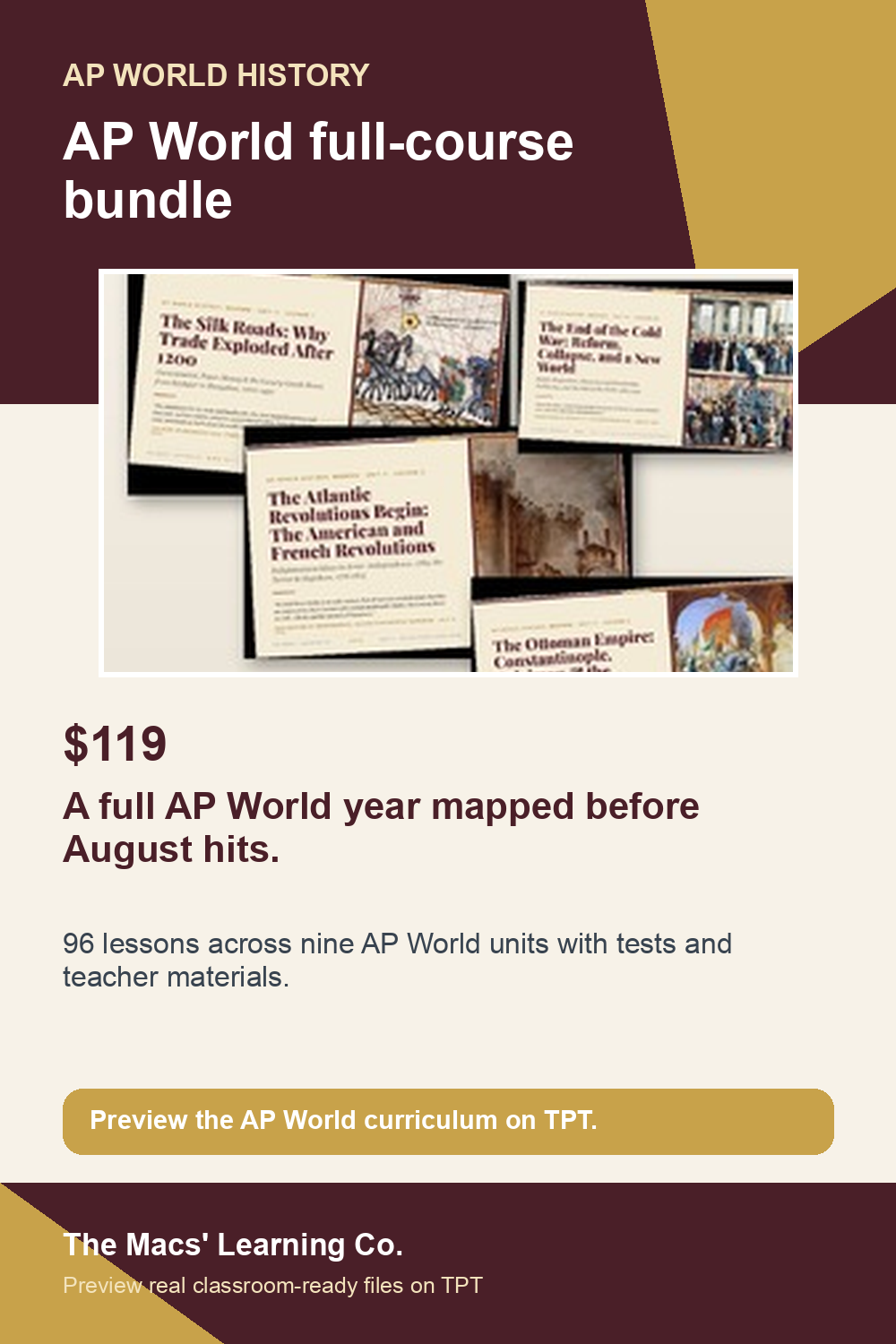 AP World History Modern full-course curriculum preview graphic with 96 lessons, nine units, and tests.