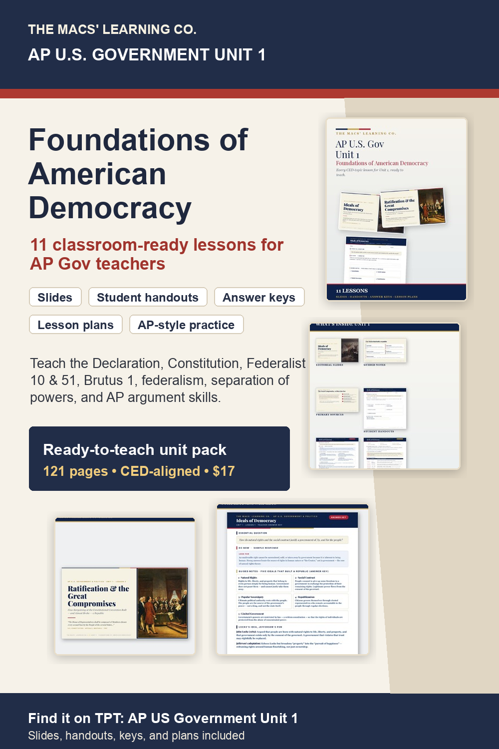 AP US Government Unit 1 Foundations of American Democracy preview with lesson cover, handouts, answer keys, and AP-style practice.