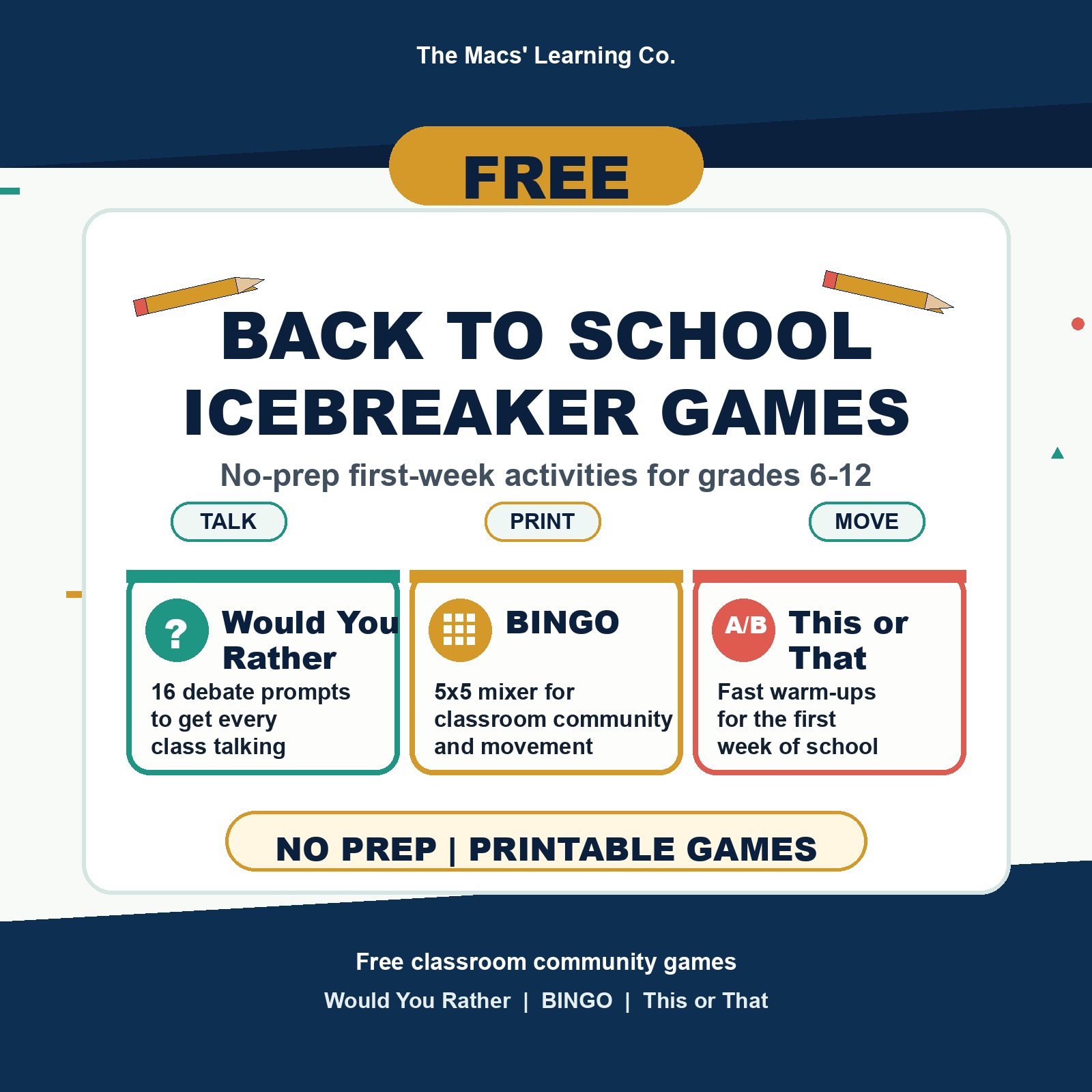 Free back-to-school icebreaker games cover with Would You Rather, BINGO, and This or That activities.