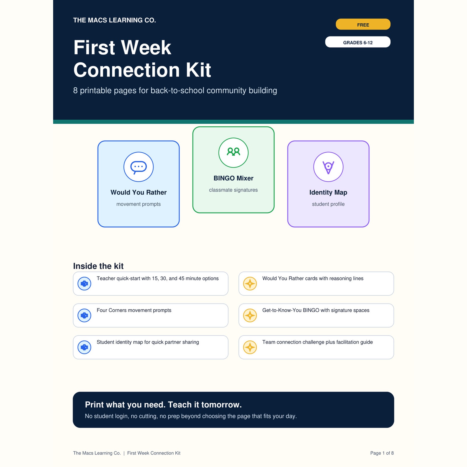 Free First Week Connection Kit cover for grades 6-12 back-to-school community activities.
