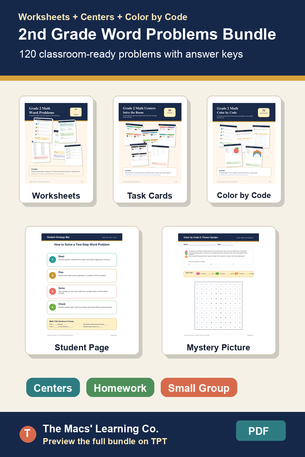 2nd grade word problems bundle preview with worksheets, centers, and color by code materials.