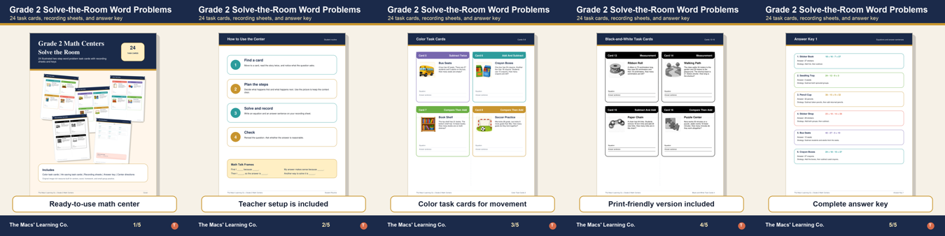 Grade 2 solve-the-room task cards, recording sheets, and answer key previews.