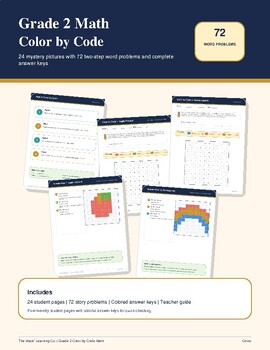 Grade 2 color-by-code word-problem product cover with 24 mystery pictures.