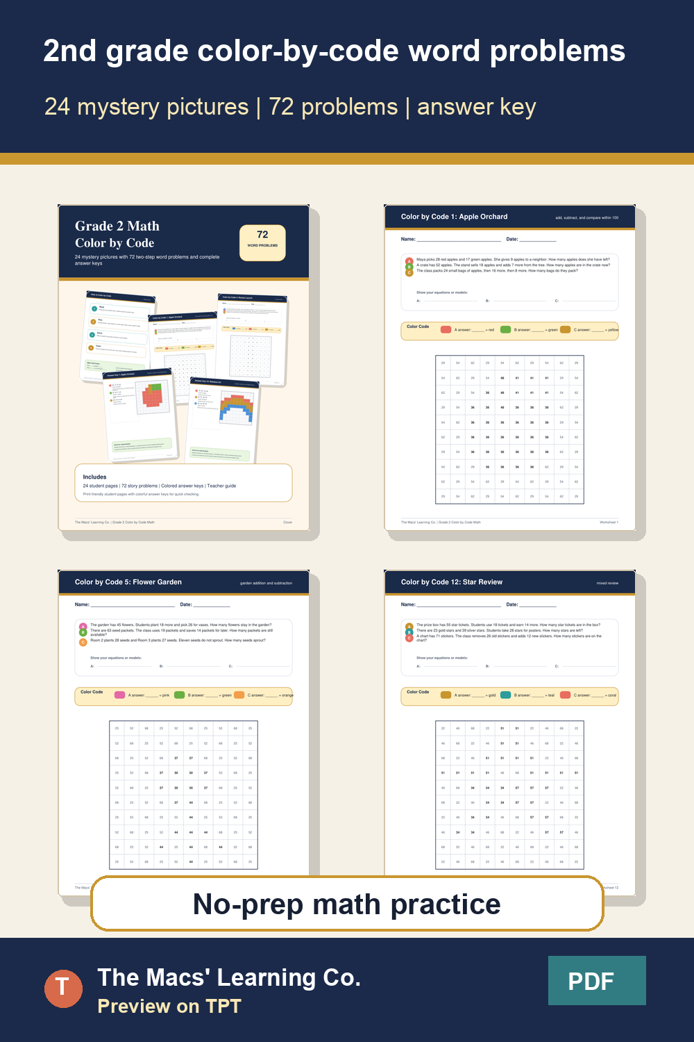 Grade 2 color-by-code word-problems preview with mystery picture worksheets.