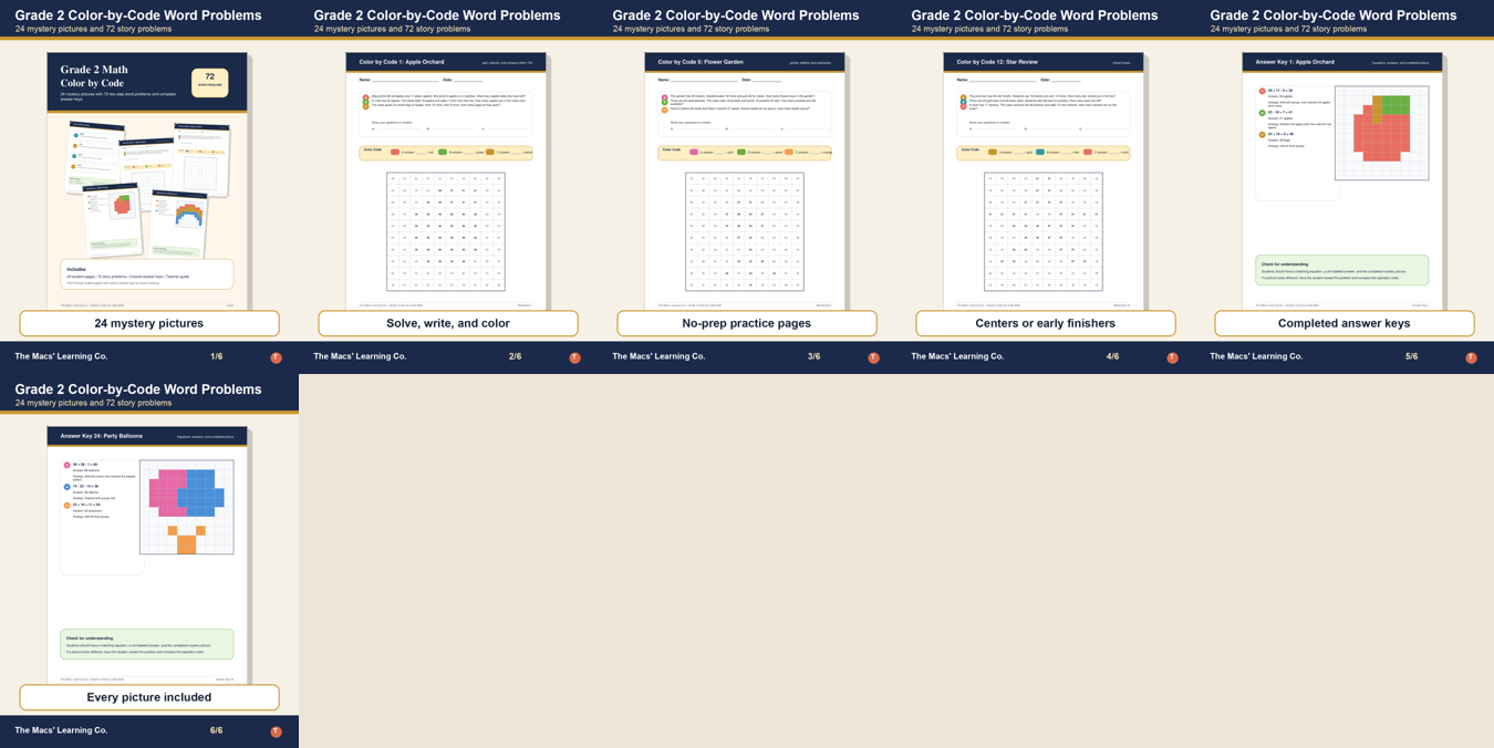 Grade 2 color-by-code word problem pages and mystery picture previews.