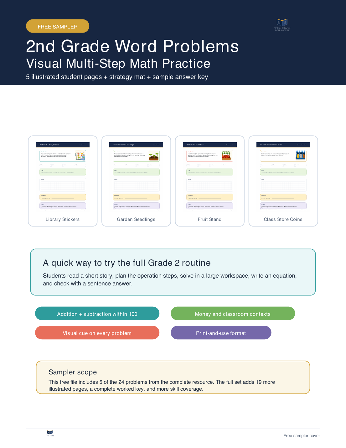 Free 2nd grade word-problems sampler cover with illustrated multi-step math practice pages.