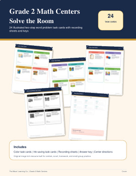 Grade 2 solve-the-room word-problem product cover with 24 task cards.