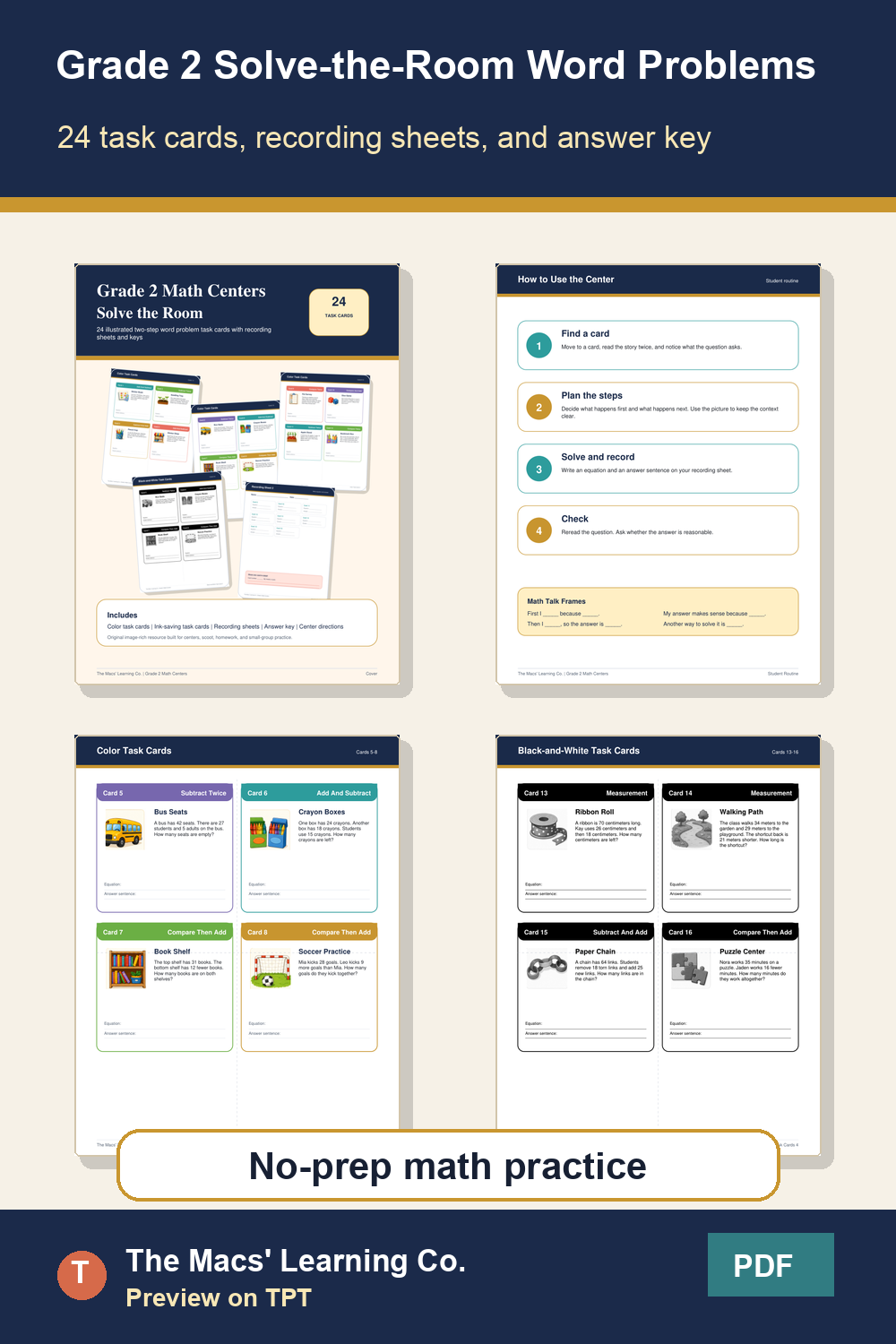 Grade 2 solve-the-room word-problems preview with task cards and recording sheets.