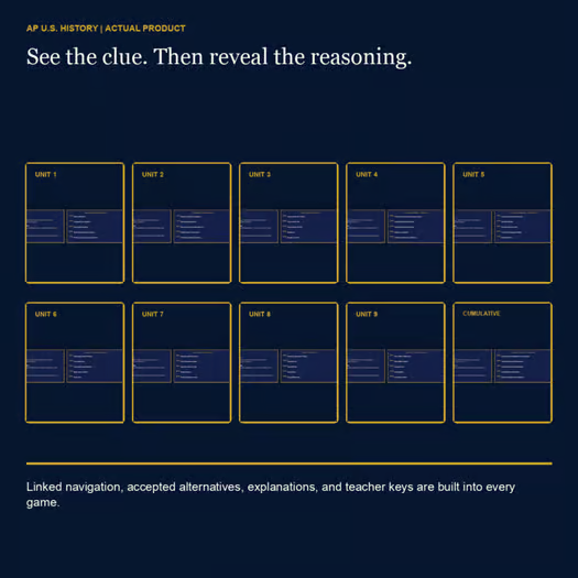 Actual APUSH clue slides beside linked answer reveals
