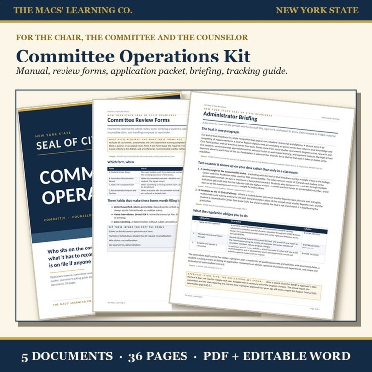 Seal of Civic Readiness committee operations kit showing the manual, review forms, student application, counselor guide, and administrator briefing