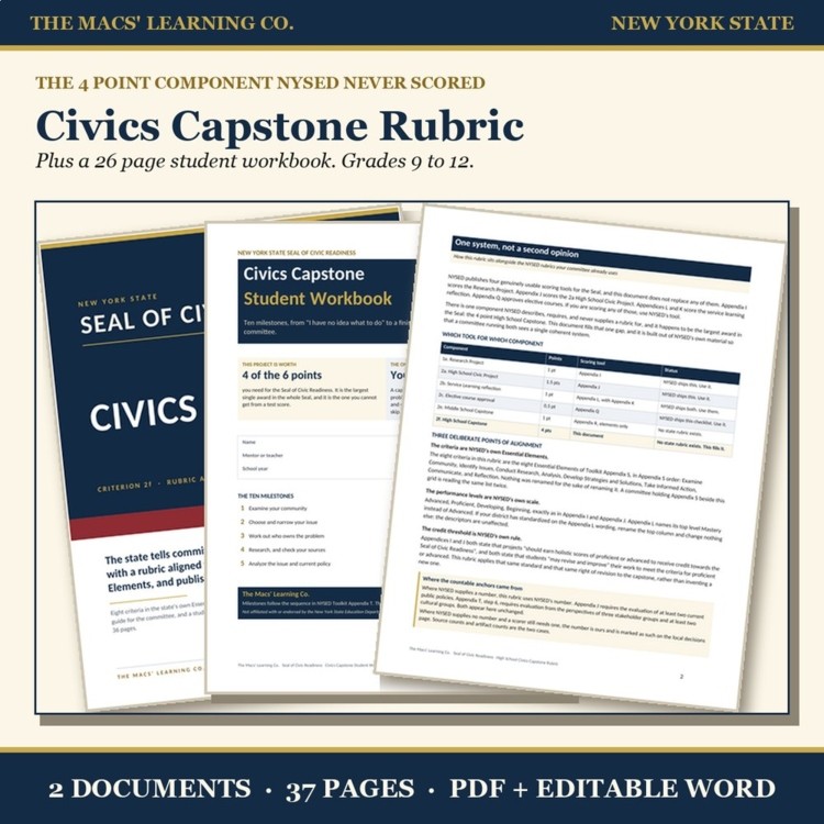 Grades 9 through 12 Civics Capstone kit showing the rubric and student workbook for the four-point Seal pathway