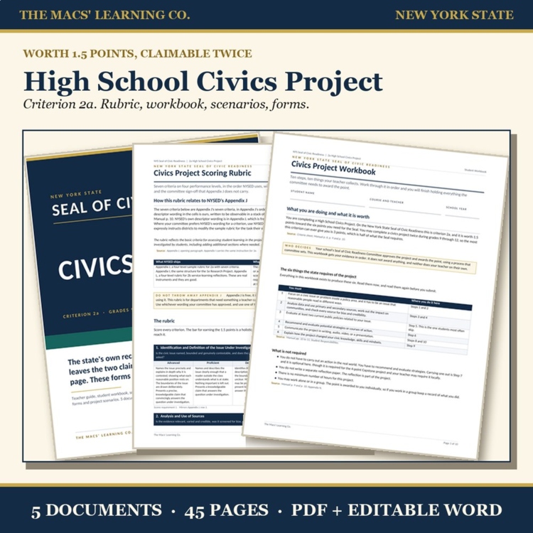 High School Civics Project 2a kit showing the rubric, student workbook, and teacher materials for grades 9 through 12