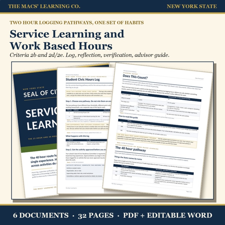 Service Learning and Work Based Hours kit showing the student log, eligibility guide, and advisor materials