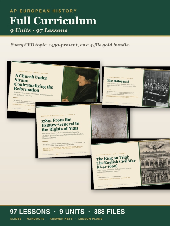 AP European History full curriculum cover showing actual lesson slides from across the nine-unit course
