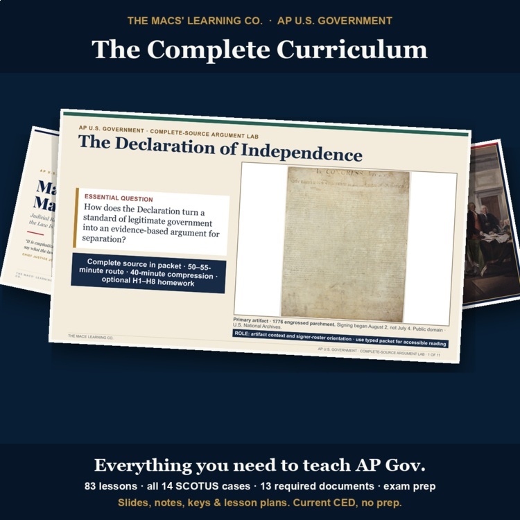 AP Government full-year curriculum cover showing an actual Declaration of Independence lesson