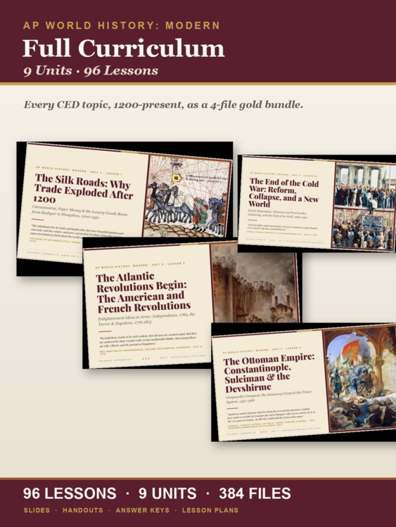 AP World History Modern full curriculum cover showing actual lesson slides from across the nine-unit course
