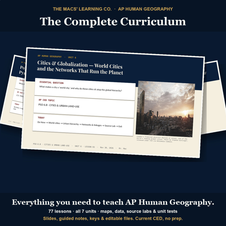 AP Human Geography complete curriculum cover showing an actual cities and globalization lesson with course materials