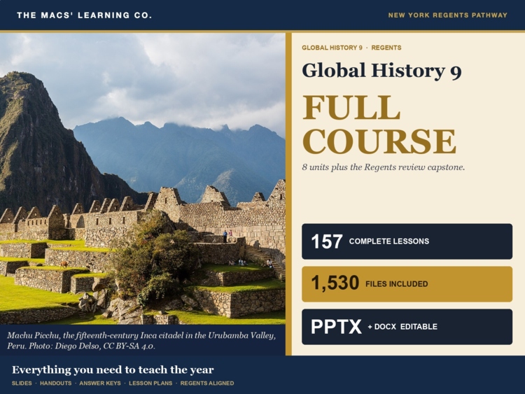 Global History 9 full course cover showing Machu Picchu, 157 lessons, 1,530 files, and editable PPTX and DOCX materials