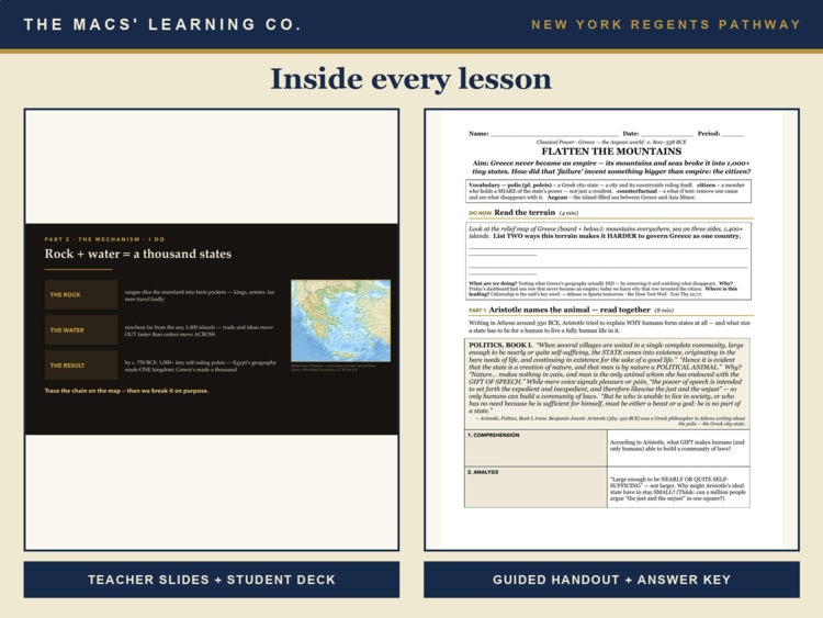 Global History 9 current product preview showing an actual teacher slide, student handout, and answer key