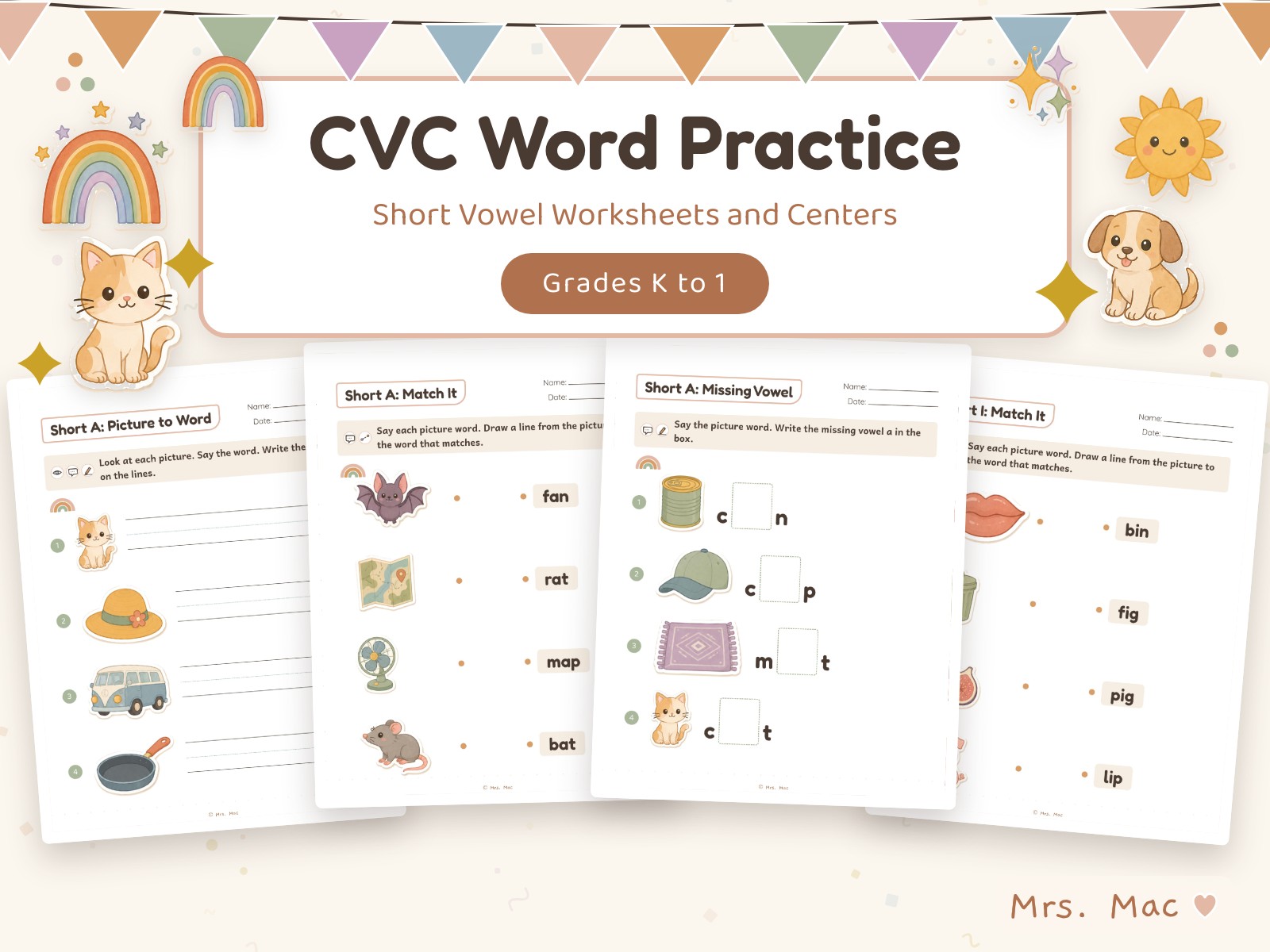 Mrs. Mac CVC Word Practice short vowel worksheets and centers