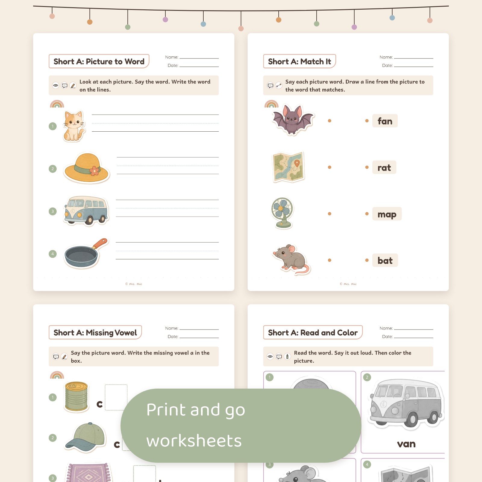Preview of Mrs. Mac CVC worksheet and center formats