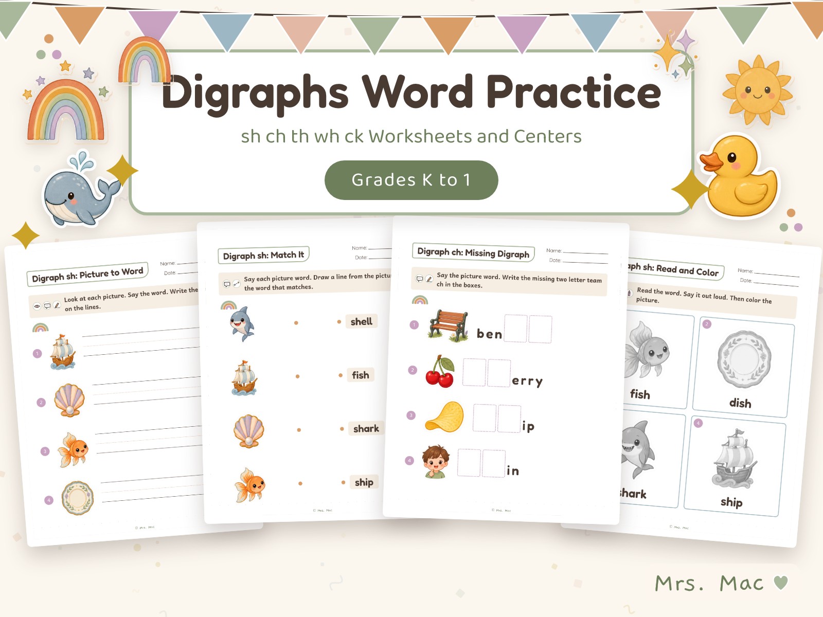 Mrs. Mac Digraphs worksheets and centers cover