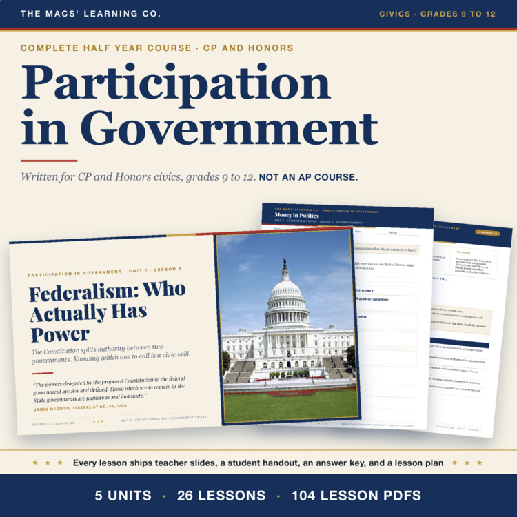 Participation in Government curriculum cover showing actual federalism slides, student materials, and lesson plan pages