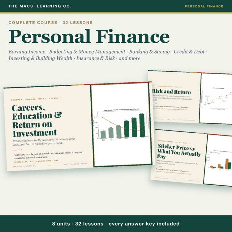 Personal Finance complete course cover showing actual careers, investing, and consumer math lesson slides