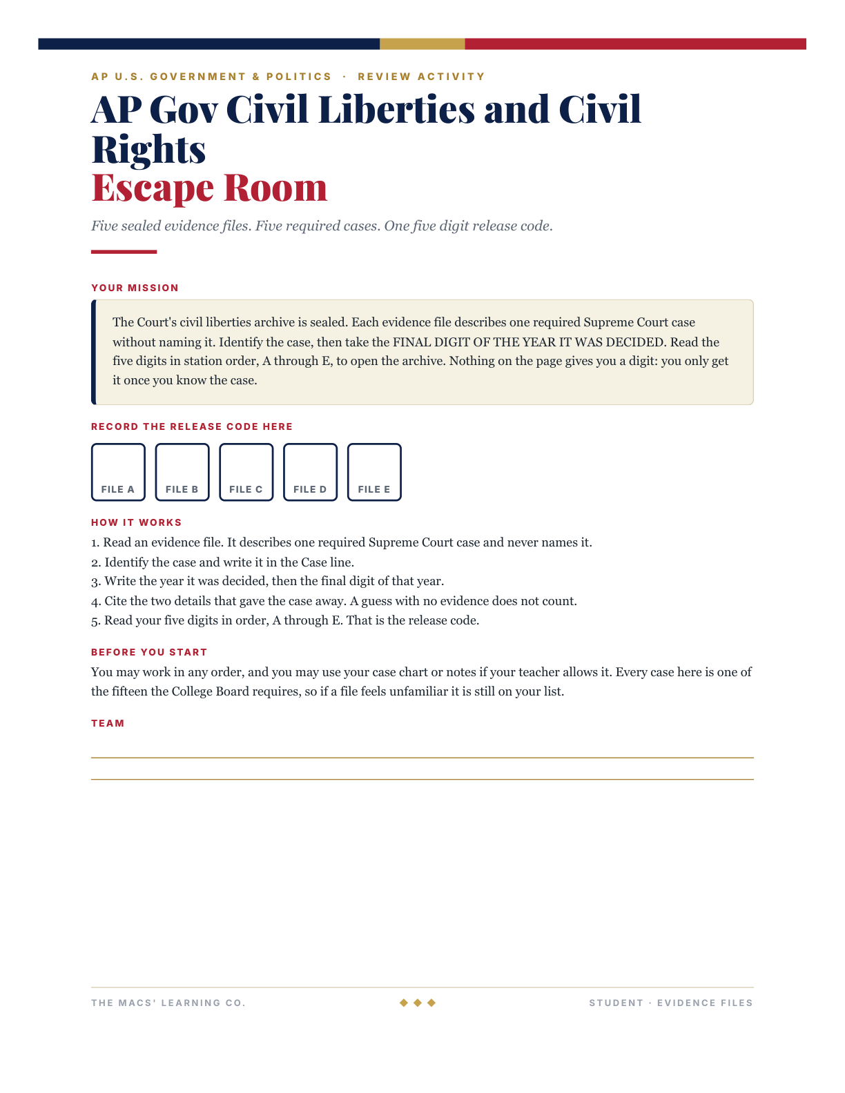AP Gov Civil Liberties and Civil Rights Escape Room: Student Evidence Files, page 1 (mission and student instructions).