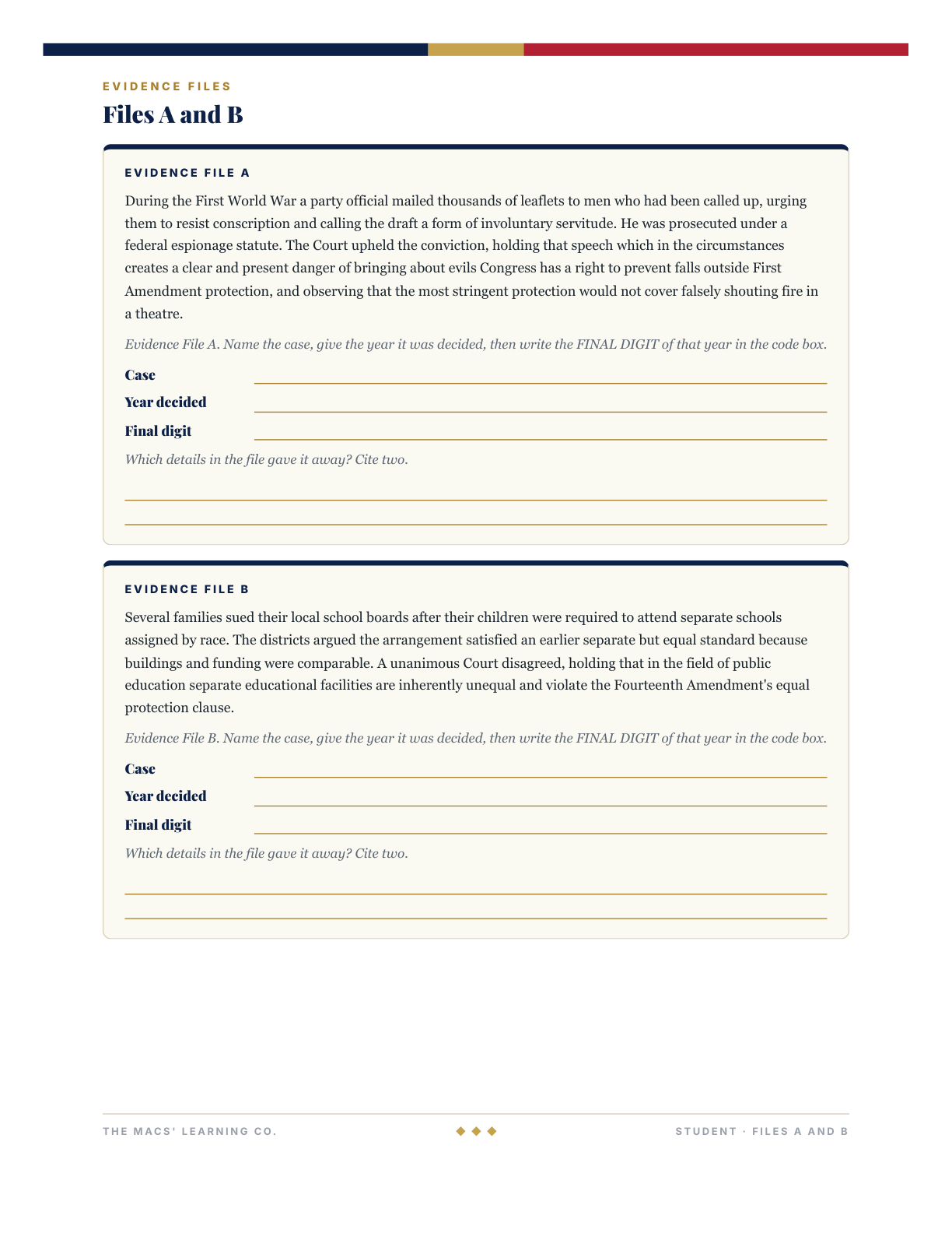 Bundle member AP Gov Civil Liberties and Civil Rights Escape Room: Student Evidence Files, page 2 (evidence files A and B with blank response fields).