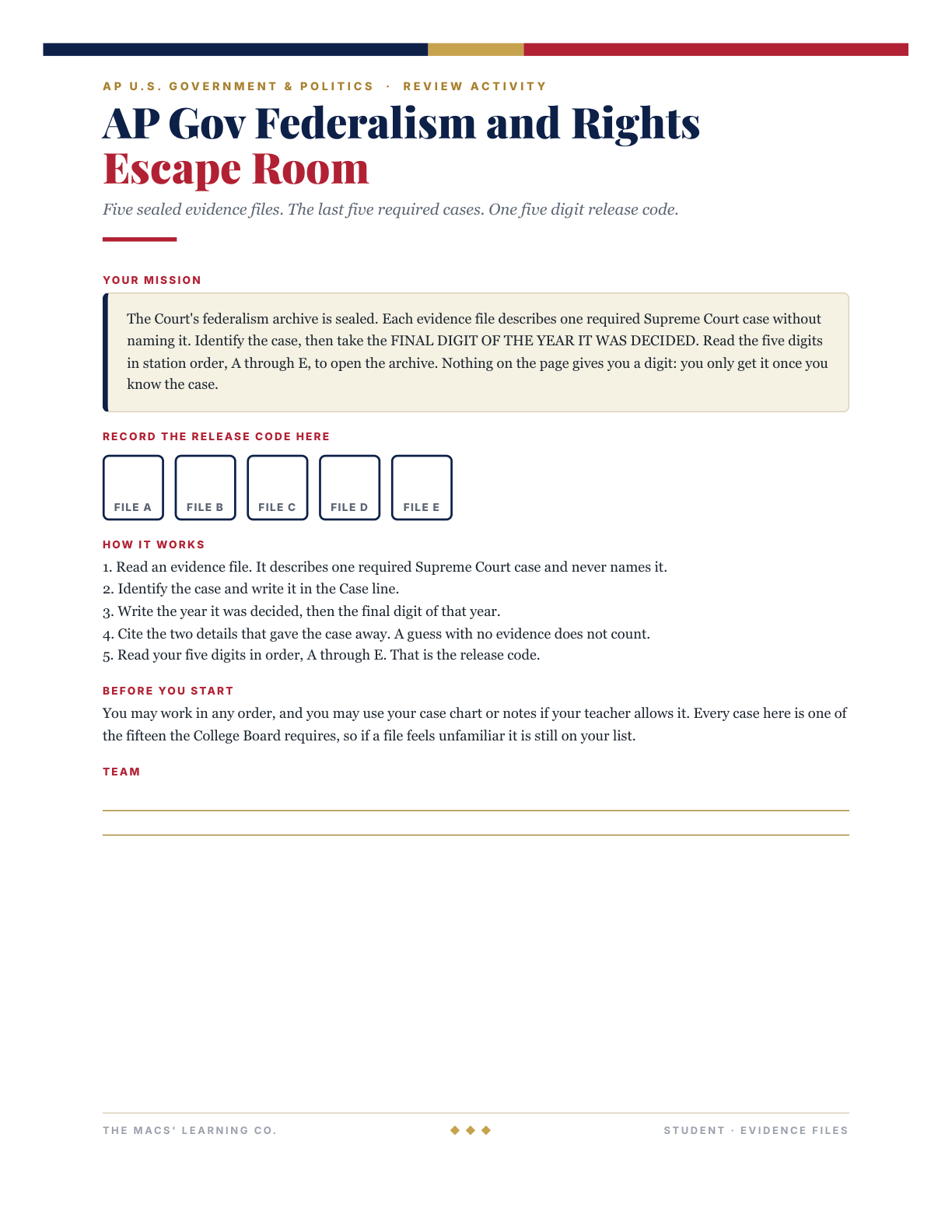 AP Gov Federalism and Rights Escape Room: Student Evidence Files, page 1 (mission and student instructions).