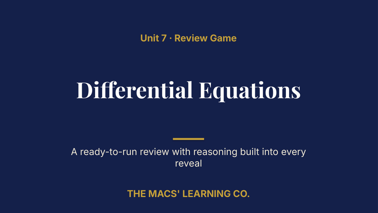 AP Calculus BC Unit 7: Differential Equations Review | Editable PowerPoint: original title sample, PDF page 1.