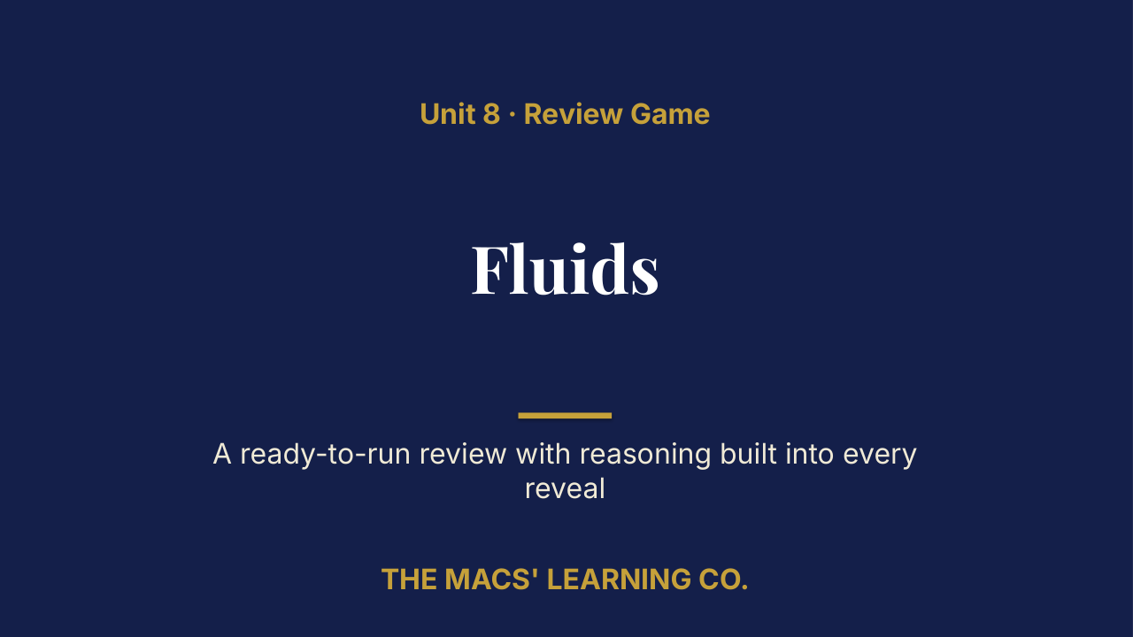 AP Physics 1 Unit 8: Fluids Review | Editable PowerPoint: original title sample, PDF page 1.