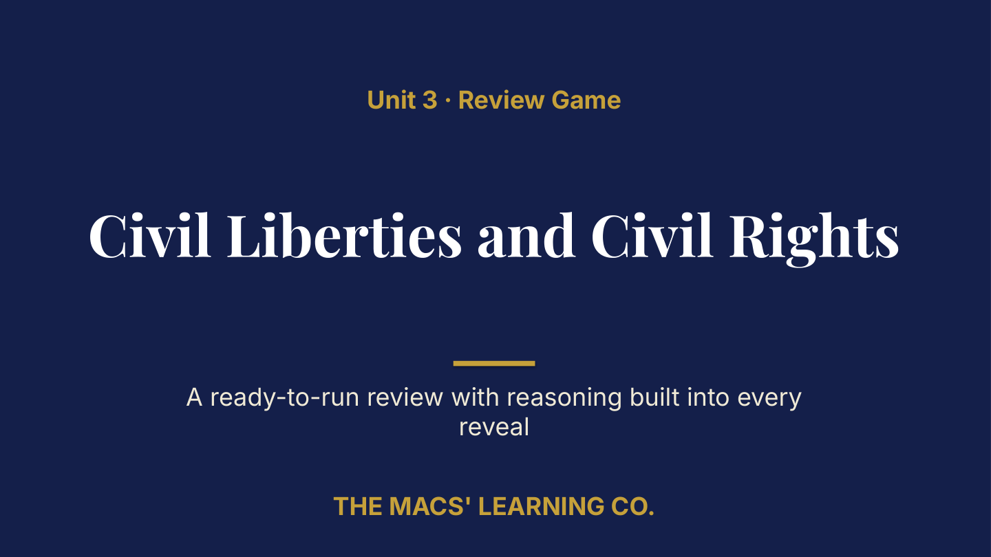 Title sample: Civil Liberties and Civil Rights. Unit 3 Review Game. Rendered from page 1 of the current buyer PDF.