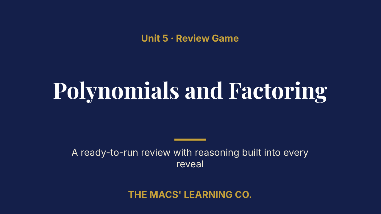 Algebra I Unit 5: Polynomials and Factoring Review | Editable PowerPoint: original title sample, PDF page 1.
