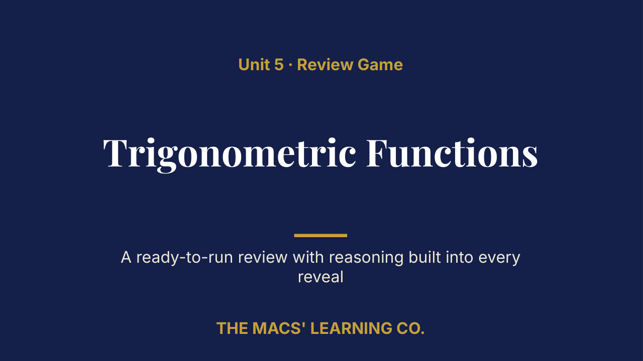 Algebra II Unit 5: Trigonometric Functions Review | Editable PowerPoint: original title sample, PDF page 1.