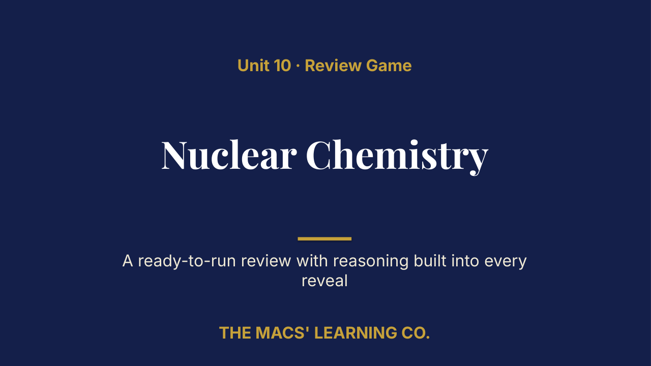 Chemistry Unit 10: Nuclear Chemistry Review | Editable PowerPoint: original title sample, PDF page 1.