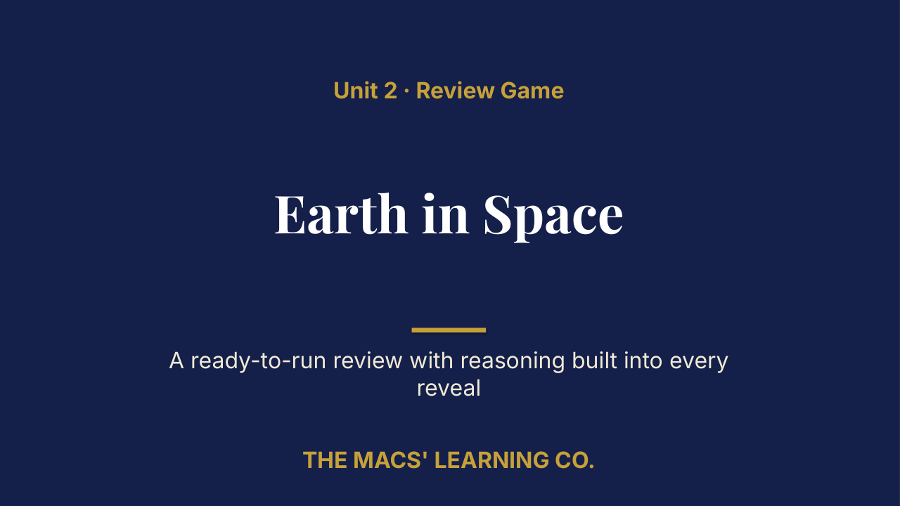 Earth and Space Sciences Unit 2: Earth in Space Review | Editable PowerPoint: original title sample, PDF page 1.