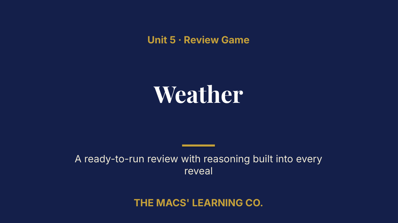 Earth and Space Sciences Unit 5: Weather Review | Editable PowerPoint: original title sample, PDF page 1.