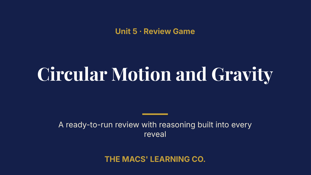 Physics Unit 5: Circular Motion and Gravity Review | Editable PowerPoint: original title sample, PDF page 1.
