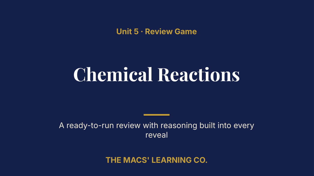 Grade 7 Science Unit 5: Chemical Reactions Review | Editable PowerPoint: original title sample, PDF page 1.