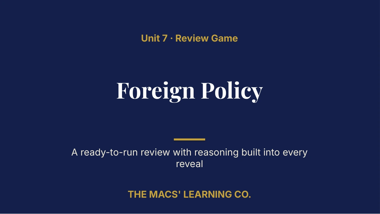 Grade 8 U.S. History II Unit 7: Foreign Policy Review | Editable PowerPoint: original title sample, PDF page 1.